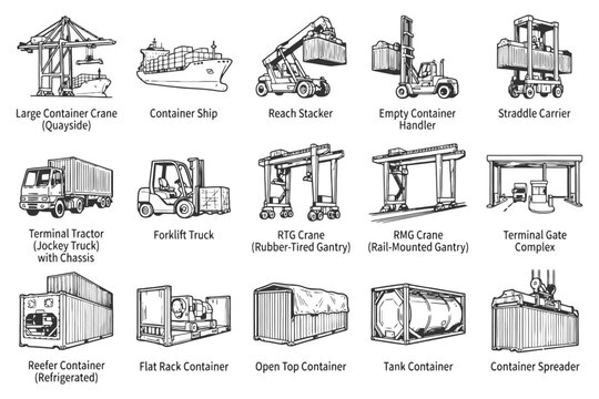 Detailed illustrations of shipping equipment and machinery for container handling.