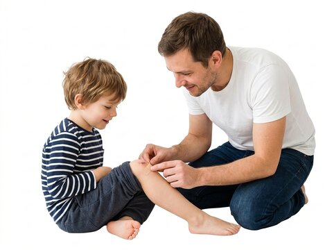 Father treating son ankle injury at home