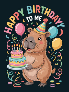 A cheerful capybara wears a party hat and holds a birthday cake. Colorful balloons and confetti add to the festive mood.