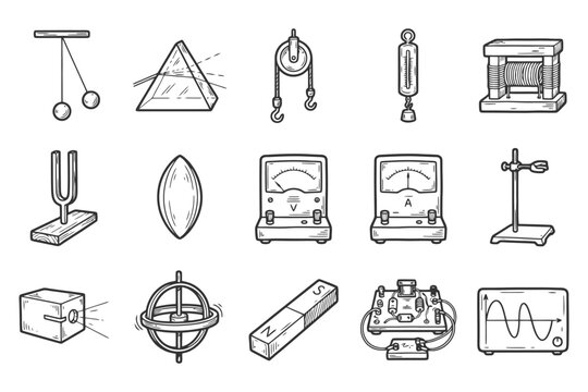 Collection of hand-drawn physics instruments and tools illustrations.