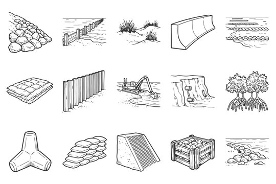 Coastal erosion structures and techniques sketches with various designs and concepts.