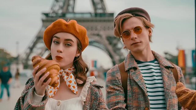 Paris, France, Europe. A vibrant, candid photograph of two young people standing in front of the Eiffel Tower in Paris, France. The woman on the left wears a bright orange beret and a white blouse.
