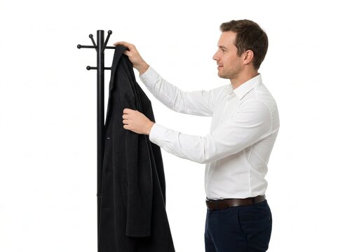 Man hanging a coat on a rack.