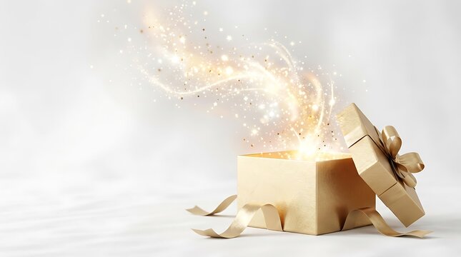A beautiful open gift box with magical glowing light particles floating out against a soft neutral background for holiday celebration concepts