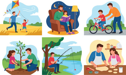 Fototapeta premium Parent and Child Bonding Activities Flat Vector Illustration Collection for Family Lifestyle