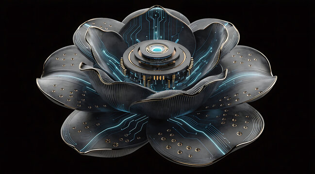 Cyber flower with metal petal and glowing circuit detail