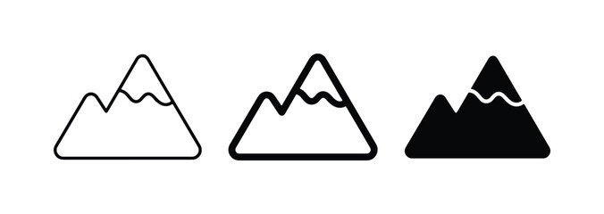 Mountain Icons Set, Minimalist Peaks Vector Graphics, Outline and Solid Styles for Outdoor Adventure and Nature Themes © Hosneara