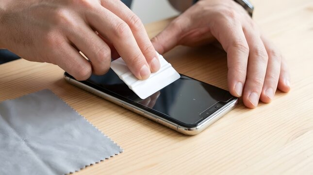 Close up of man hands applying tempered glass screen protector on smartphone using a squeegee tool
