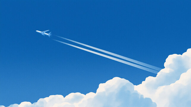 青空を飛ぶ飛行機と飛行機雲 夏の積雲を描いた爽やかな背景イラスト
