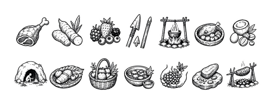 Set of hand-drawn prehistoric icons showing food, tools, and shelter from the stone age in a detailed black and white engraving style for historical or survival concepts
