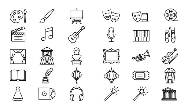 Comprehensive Art Culture and Entertainment Line Icons Set Editable Stroke Outline Vector Collection