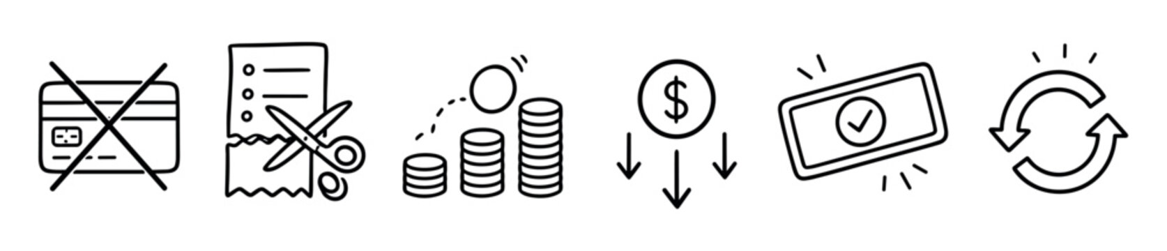 Set of six hand-drawn finance icons in a minimalist doodle style shows concepts like cost cutting, savings, declined cards, successful transactions, and recurring payments