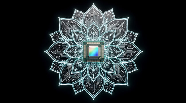 Digital mandala flower with circuit pattern and chip center on black background