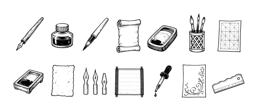 Hand-drawn collection of vintage calligraphy tools featuring a fountain pen, inkwell, scroll, nibs, and brushes in a classic black and white retro engraving illustration style