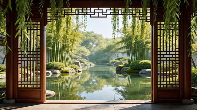 Traditional Asian garden pavilion with pond