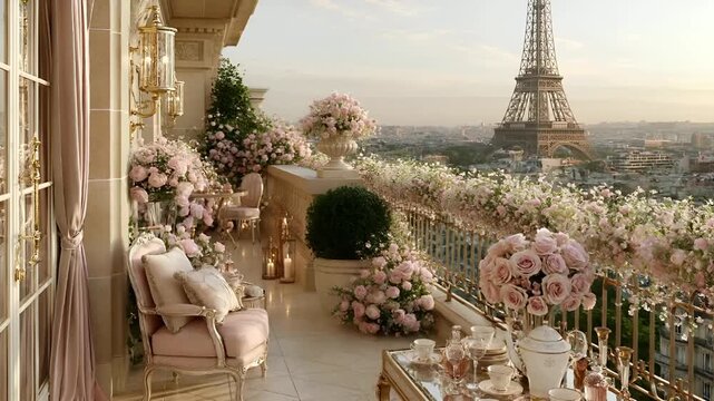 Paris, France, Europe. A luxurious balcony overlooking the Eiffel Tower in Paris, France. The balcony is adorned with pink and white roses, lush greenery, and ornate gold accents.