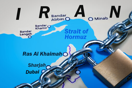 Strait of Hormuz blockage on the Middle East world map.