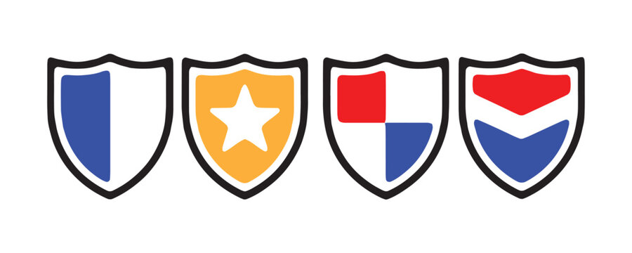 Colorful shield symbols featuring flag patterns and star emblem for security and identity branding.