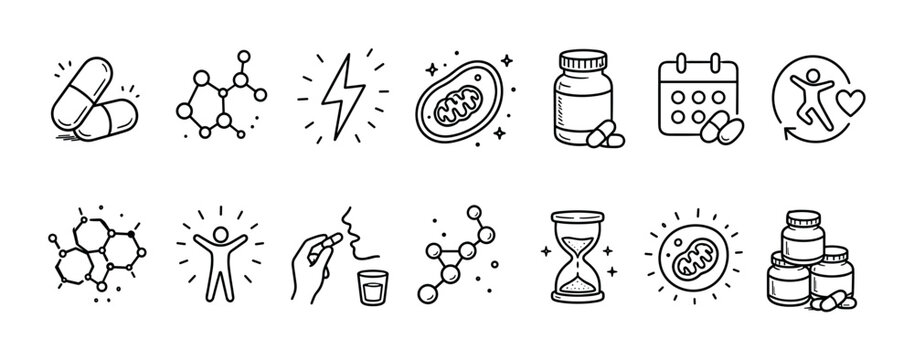 Set of hand-drawn line art icons representing health supplements, biohacking, and longevity concepts, including mitochondria, molecules, energy, and pills in a minimalist doodle style
