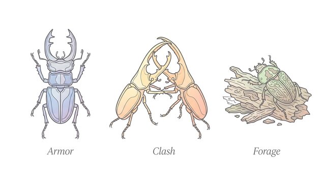 Clean minimal vector line-art infographic icon set featuring a stag beetle with an incredibly tough, two giant beetles locking their massive, and a beetle foraging through highly detailed rott...