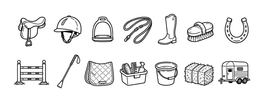Set of hand-drawn horse riding equipment icons including a saddle, helmet, stirrup, horseshoe, and grooming tools in a simple black and white line art doodle style for equestrian sports