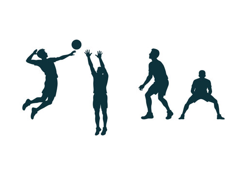 Silhouettes illustrating male volleyball players in dynamic action poses