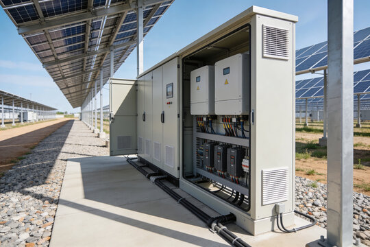 Solar power station electrical control cabinet with inverters and wiring