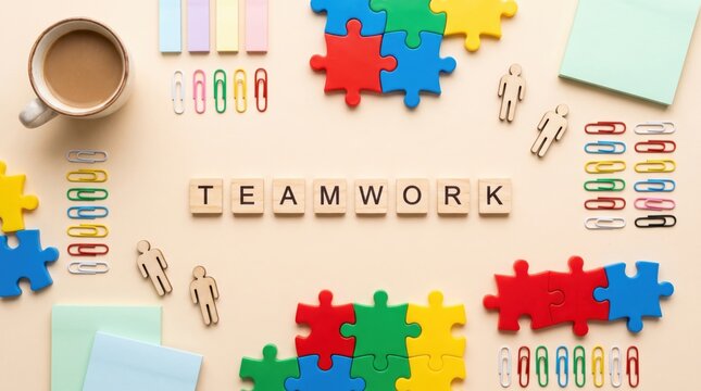 Scrabble letters spell "TEAMWORK" surrounded by colorful puzzle pieces, paper clips, sticky notes, wooden figures, and a cup of coffee on a beige surface.