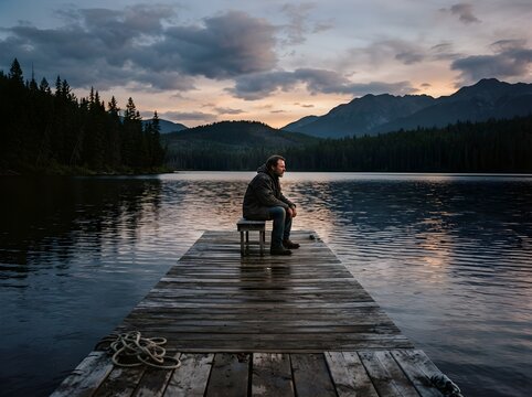 Lonesome Man Alone by a Quiet Lake. Reflective Solitude and Peaceful Nature Landscape, Mental Wellness, Loneliness, Self-Reflection and Outdoor Travel Concept