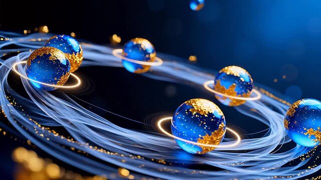 Glowing blue and gold spheres in orbit
