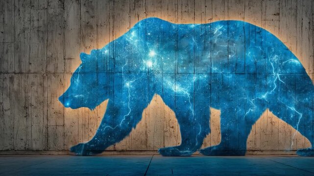 Nebula bear silhouette walking against concrete wall in cinematic side tracking shot for technology branding