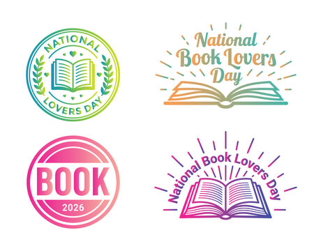 Set of national book lovers day badges and emblems with open books