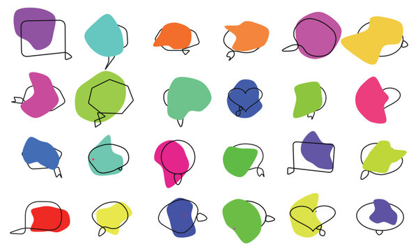 Assorted speech bubbles and abstract shapes with black line borders and solid color fills isolated on a white background, for visual use