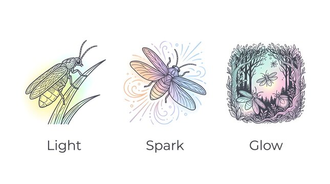 Clean minimal vector line-art infographic icon set featuring a firefly perched on grass, a firefly taking flight, and multiple fireflies illuminating a highly detailed dark forest line.