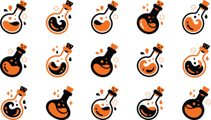 Collection of hand drawn magic potion bottles with colorful liquids for a creative halloween themed design project element © MDRABBI