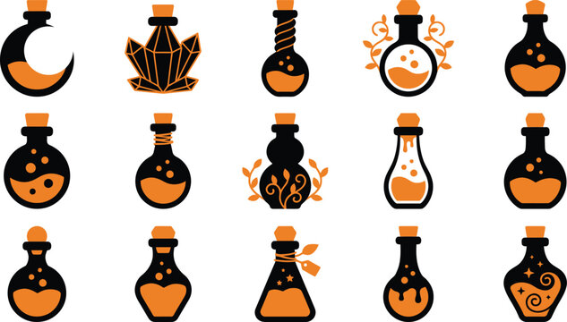 Collection of hand drawn watercolor potion bottles for halloween magic spells and mystical alchemy design elements isolated set
