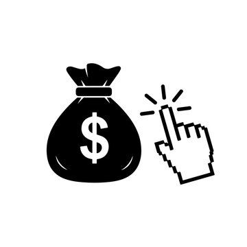 Money bag with dollar sign and hand clicking cursor icon, pay per click online investment concept, earning cash icon, wealth and banking symbol vector, financial technology illustration.
