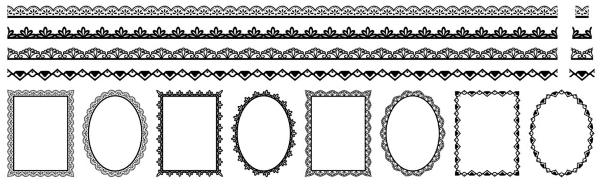 Set of lace patterns with borders, pattern brushes, decorative lines and frames. Vector illustration.
