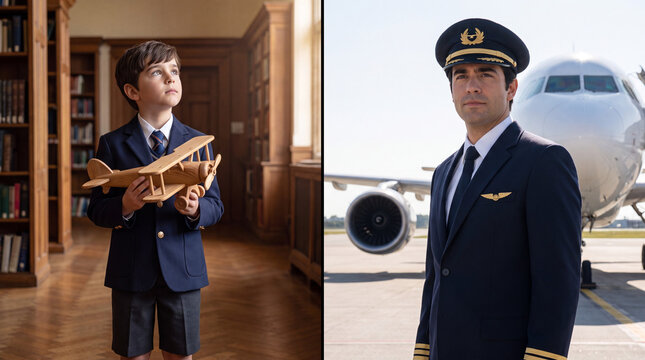 Little boy dreaming of becoming a pilot. Child holding toy plane next to adult aviator.