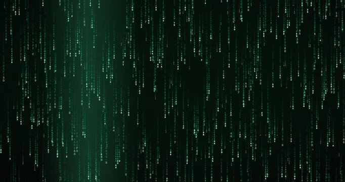 Hexadecimal code symbols cascade in a dense, phosphor green storm, creating a futuristic animation.