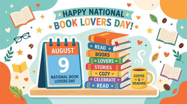 Happy national book lovers day illustration with books and calendar