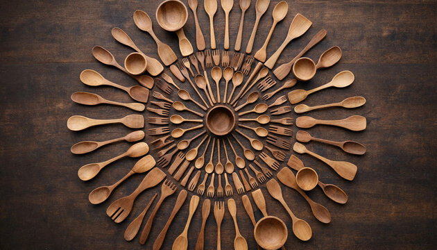 A circular arrangement of various wooden kitchen utensils, including spoons, forks, and small bowls, displayed on a dark rustic wooden background