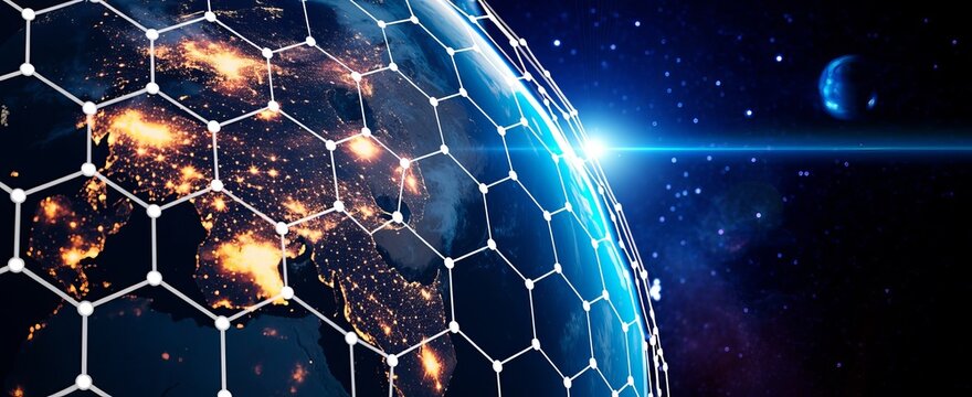 Digital globe with a glowing white hexagonal network grid overlay, representing global connectivity, data communication, and internet technology in deep space with stars and a distant blue planet