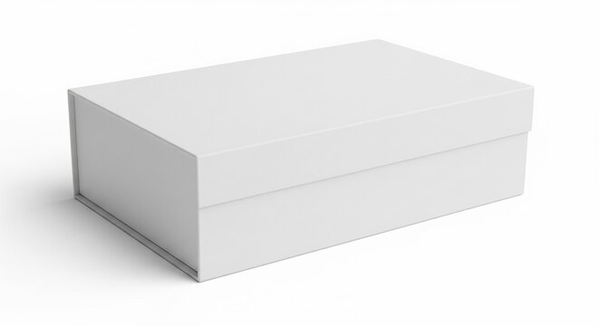 Minimalist blank white rectangular cardboard gift box closed mockup isolated on a clean studio background for product presentation