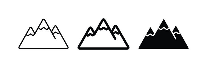 Mountain Icons Set, Simple Peaks Vector Graphics, Outline and Silhouette Styles for Nature and Adventure Themes © Hosneara