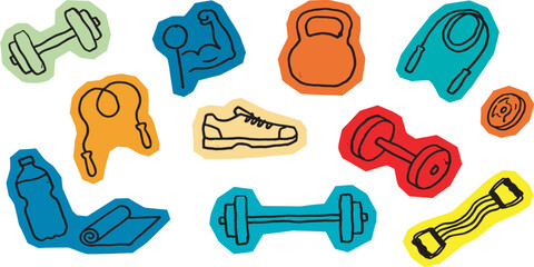 Fototapeta premium Collection of colorful cartoon fitness equipment icons for exercise and healthy lifestyle.