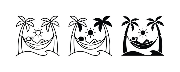Obraz premium Relaxing Beach Hammock Icons, Tropical Vacation Scenes, Summer Leisure Vector Set