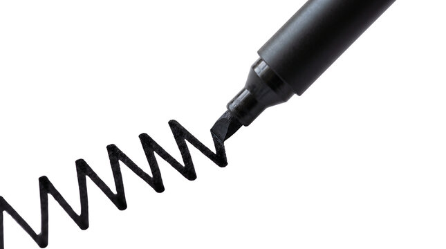 Black permanent marker drawing a zigzag line, felt tip pen with ink stroke on white background, professional calligraphy marker tool