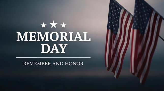 Memorial day background with american flags waving against a dark moody sky for patriotic holiday tribute
