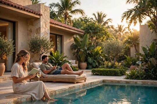 Couple relaxing at poolside in tropical resort setting